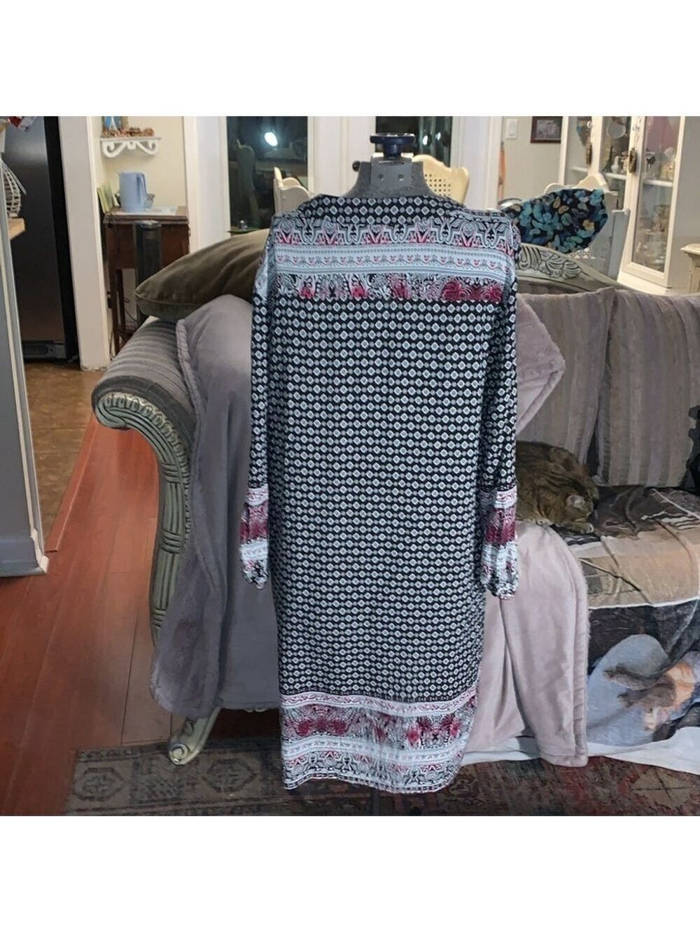 Lily Morgan black white pink patterned tunic style dress v neck XL - Picture 3 of 12